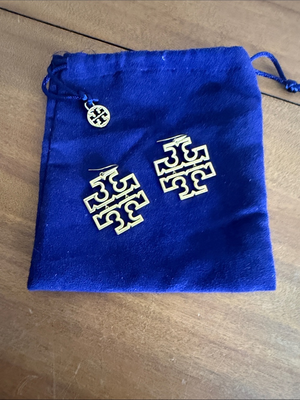 Tory Burch Blue Pouch with Gold Double-T Earrings